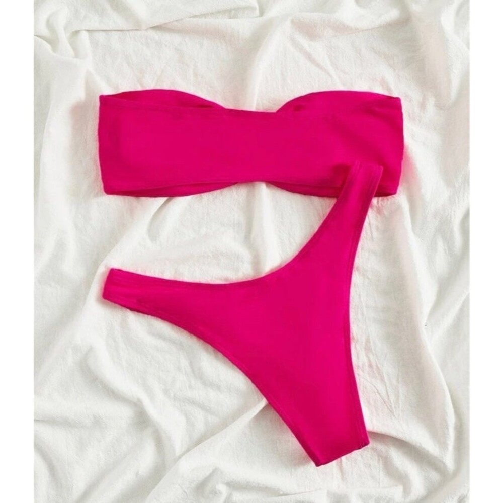 Shein Bikini Women’s L Hot Pink Bandeau Top & High Cut Bottom 2 Piece OC3A - Picture 2 of 7